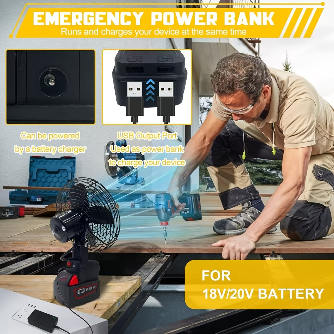 18V/20V Battery Powered Portable Cordless Fan, Cordless Working Fan with Battery Supply, 20W 3500RPM Brushless Motor Fan with Low Voltage Protection, Industrial Grade USB Port (Battery Not Included)