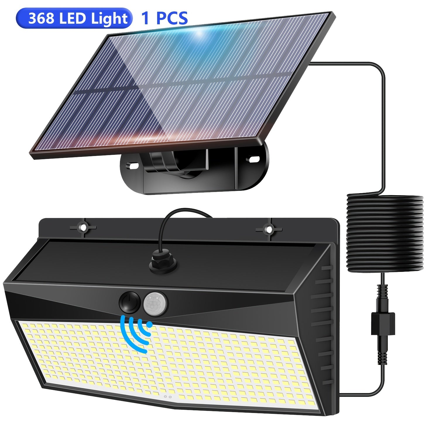 1 Outdoor Solar Light with 368 LEDs, Motion Sensor Light, IP65 Waterproof Rating, Porch and Garden Wall Light, with 3 Working Modes, Exterior Wall Light for Garage Front Door Fence, Cool White Light, with 16.4FT Cable, Also Suitable for Indoor