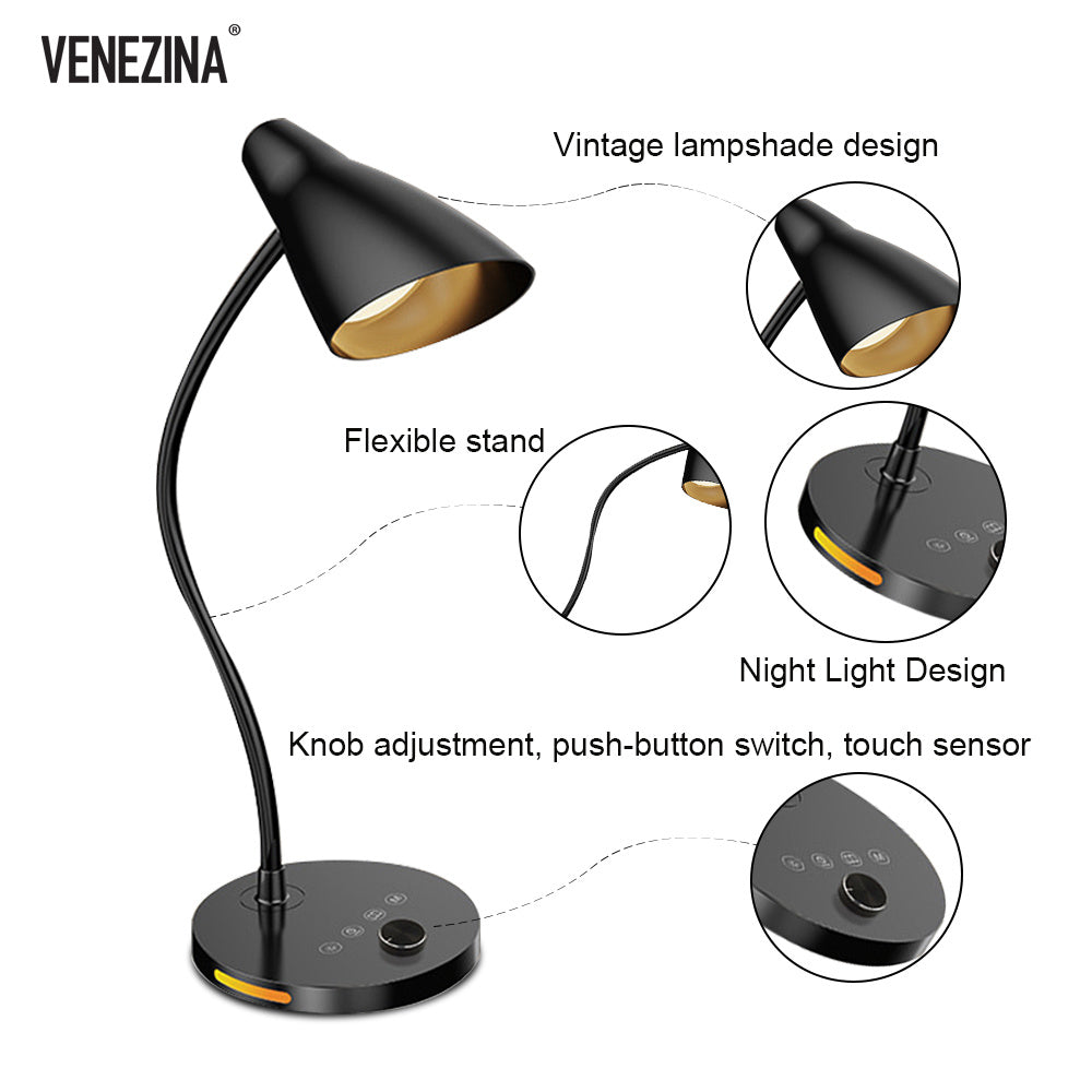 Student dormitory upgraded stepless dimming desk lamp USB plug-in model, 3 color temperature adjustment, knob brightness adjustment, upgraded night light function, gooseneck for easy storage, suitable for office lighting