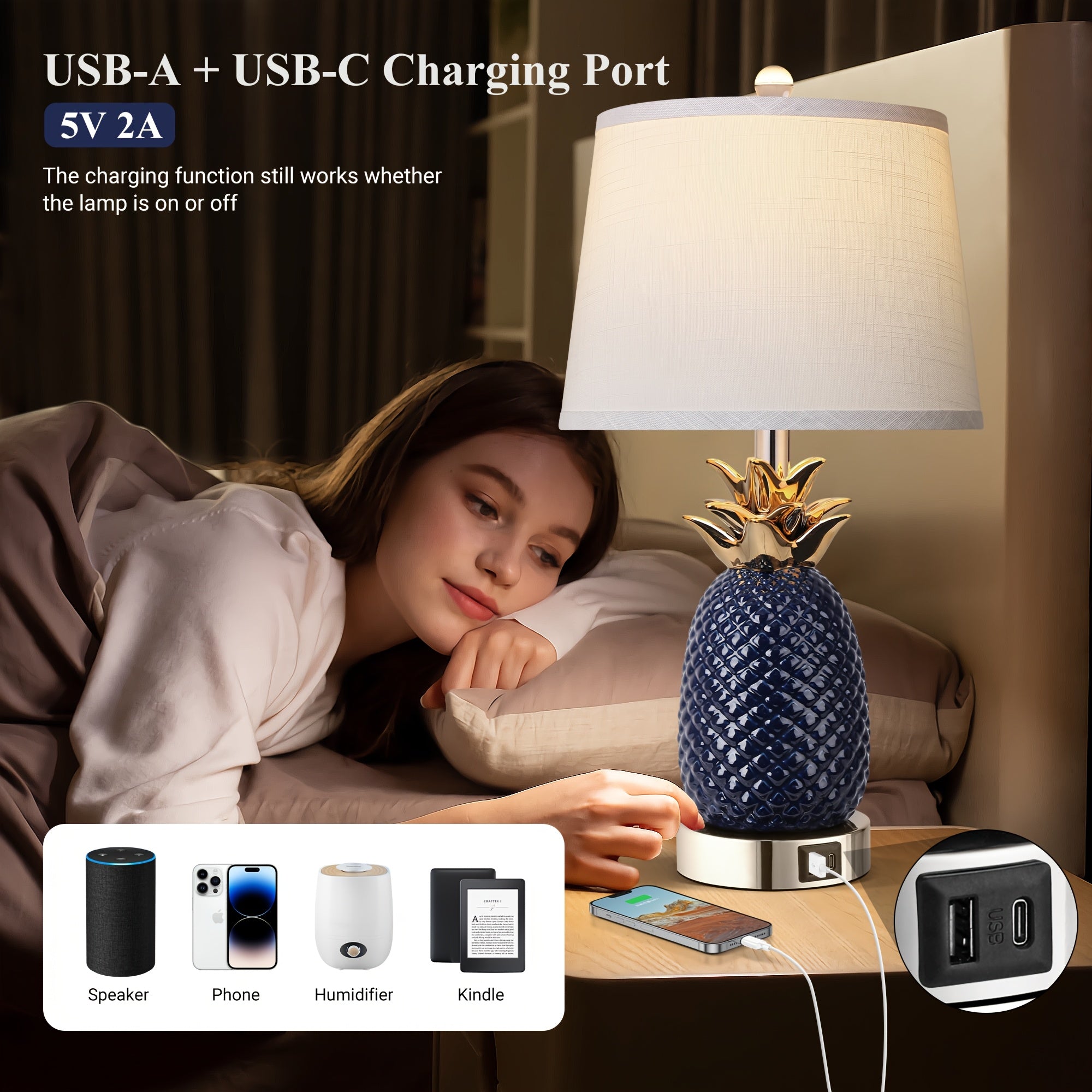2 sets of 22-inch pineapple table lamp, 3-level adjustable ceramic table lamp, suitable for living room, navy blue modern table lamp, with USB port, high coast table lamp, suitable for bookstore, restaurant, bedroom, office, 9-watt bulb included