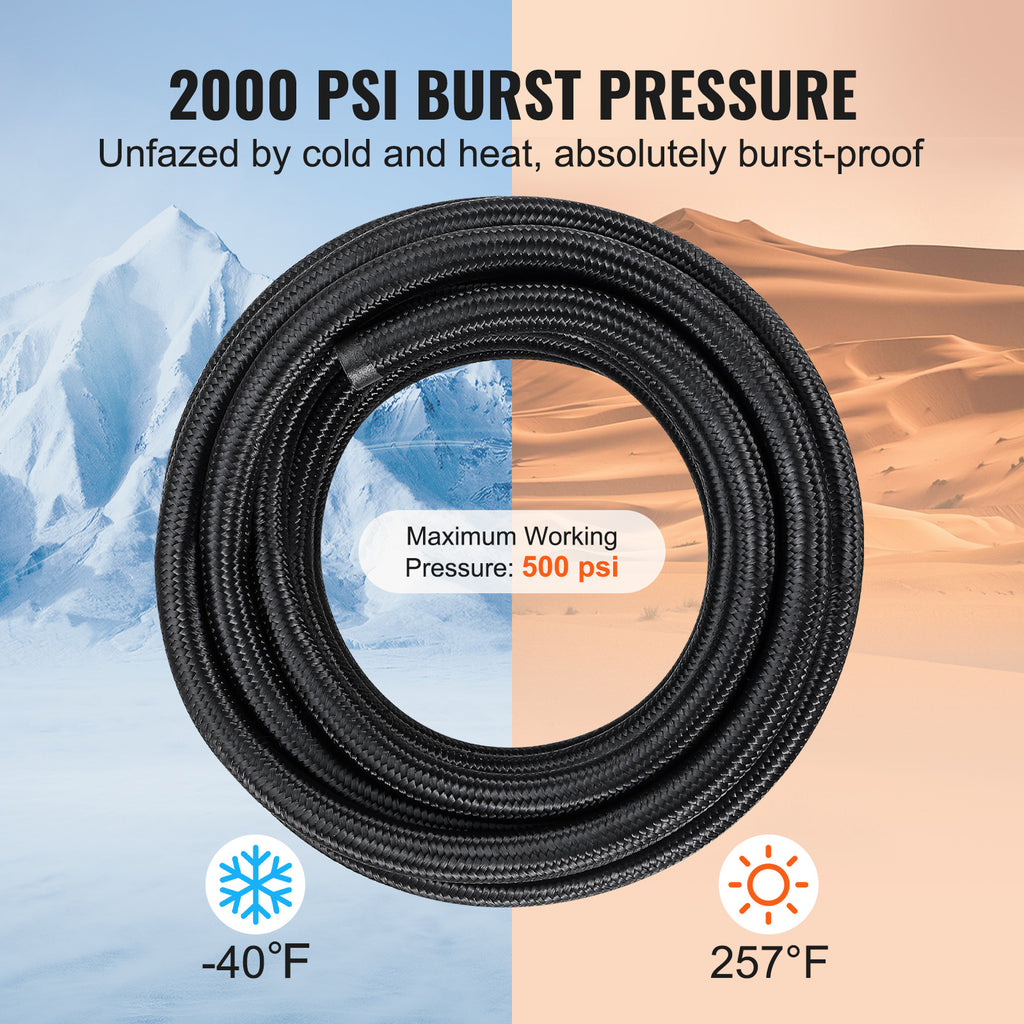 VEVOR 6AN/8AN Fuel Line Kit, 20 FT Fuel Hose Kit, 0.34"/0.43" Nylon Stainless Steel Braided Fuel/Gas/Diesel Hose End Fitting Kit, with 12 PCS Swivel Fitting Adapter Set, Black