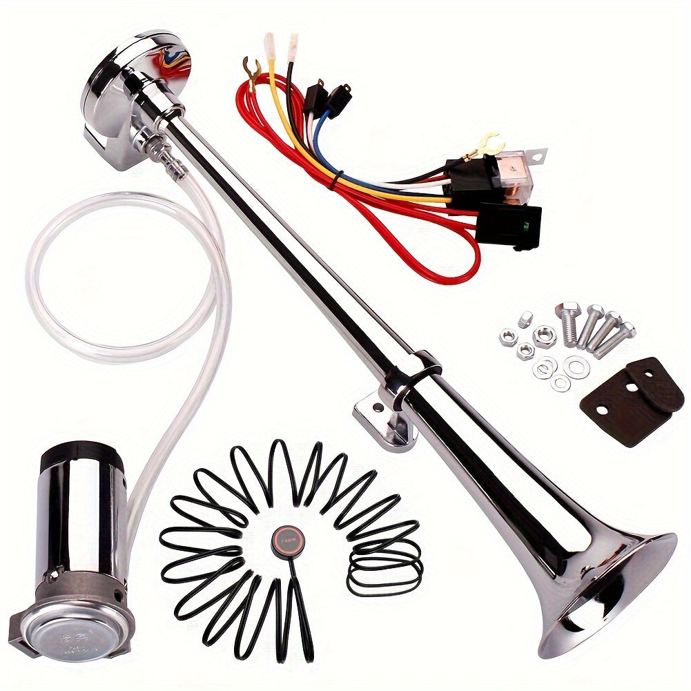 ALLREY 12V Air Horn Kit, Super Loud 18 Inch Single Horn Truck Horn, Train Horn with Compressor, Fits Any 12V Vehicle, Silver Black Button