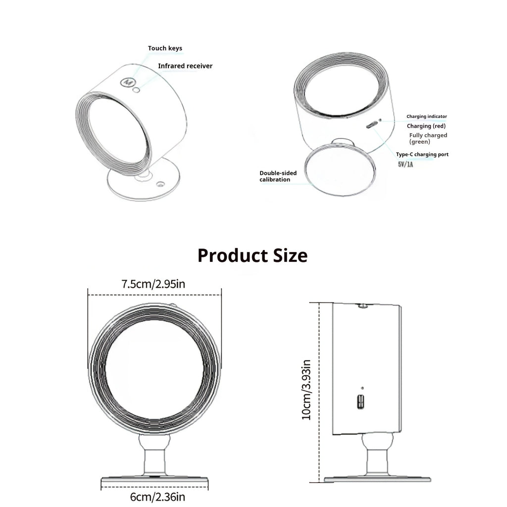 Smart RGB Ambient Wall Light, Remote and Touch Dimming, 12 Colors and 6 Brightness Levels, Rechargeable Magnetic 360° Rotation, Cordless Lighting for Living Room, Bedside, Hallway (Remote Control Battery Not Included)