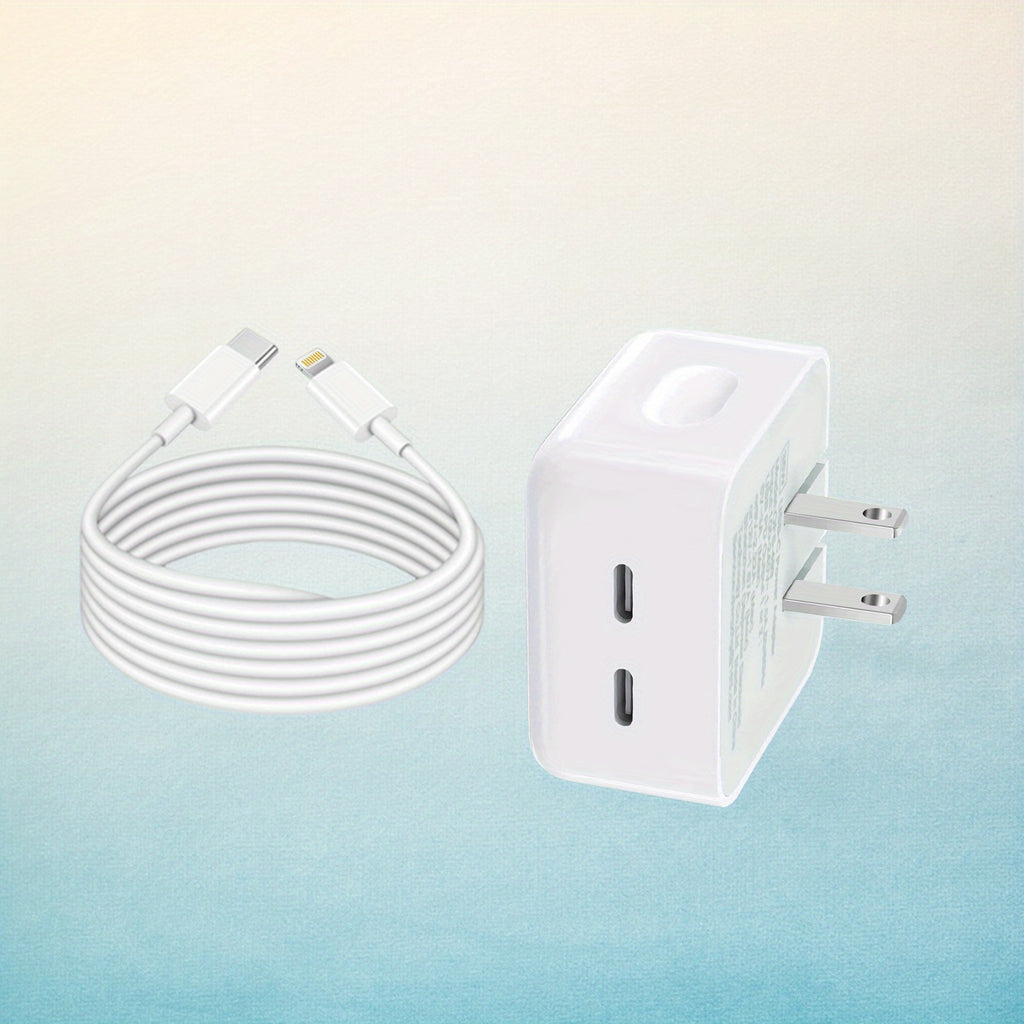 Foldable Dual USB-C Fast Charger - PD Power Adapter, Compatible [MFi Certified] for l Phone 13/ 14 Pro Max & More 4ft Fast Charging Cable Compact Wall Charger