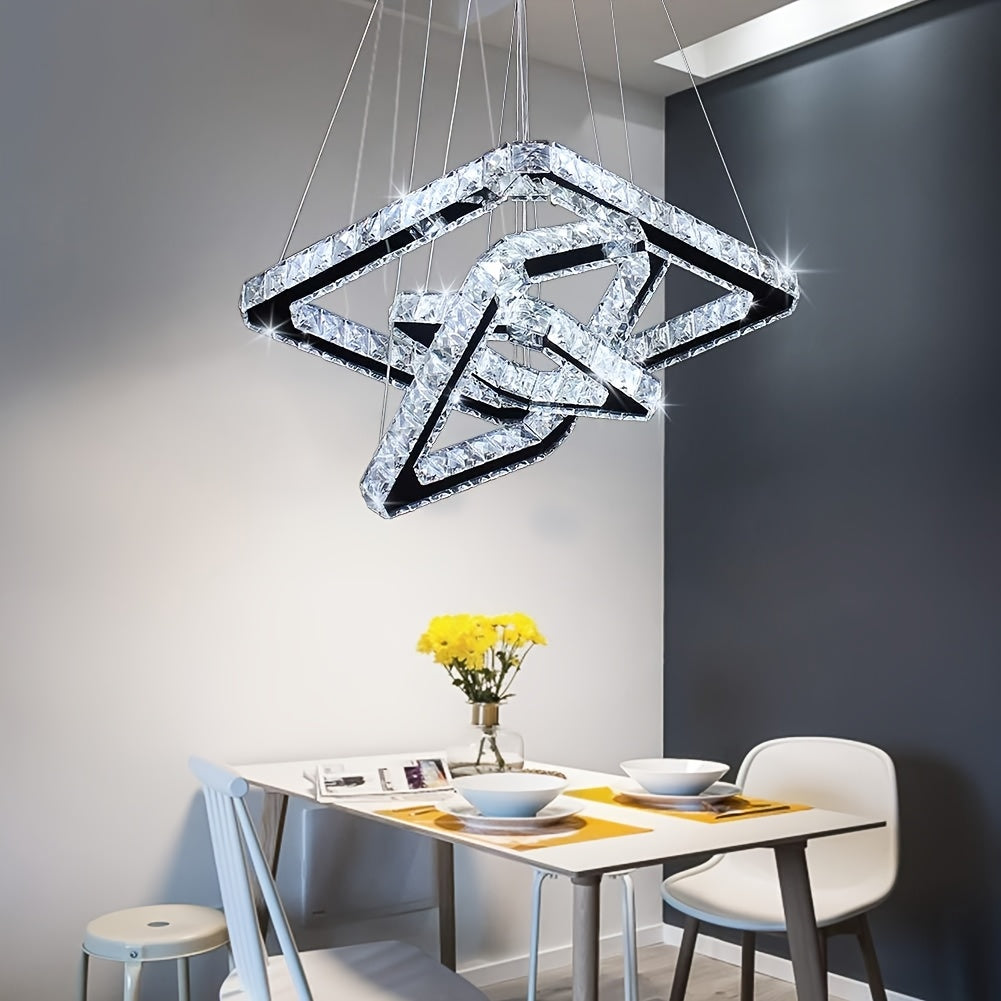 Modern Square Ring Crystal Chandelier, Height Adjustable Ceiling Light (Cool White Light)