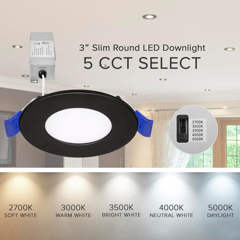 3-Inch 5 CCT Ultra-Thin Recessed LED Downlight | 400 Lumens, Slim J-Boxless Light, Rated, 5 Color Temperatures Selectable 2700K/3000K/3500K/4000K/5000K, Dimmable, Black Housing, Includes J-Box