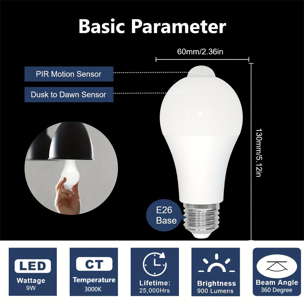 2-pack E26 screw base A19 sensor LED bulb 9W 3000K warm white light - automatic on/off plug-and-play, no additional wiring required | suitable for basements, wardrobes, storage rooms