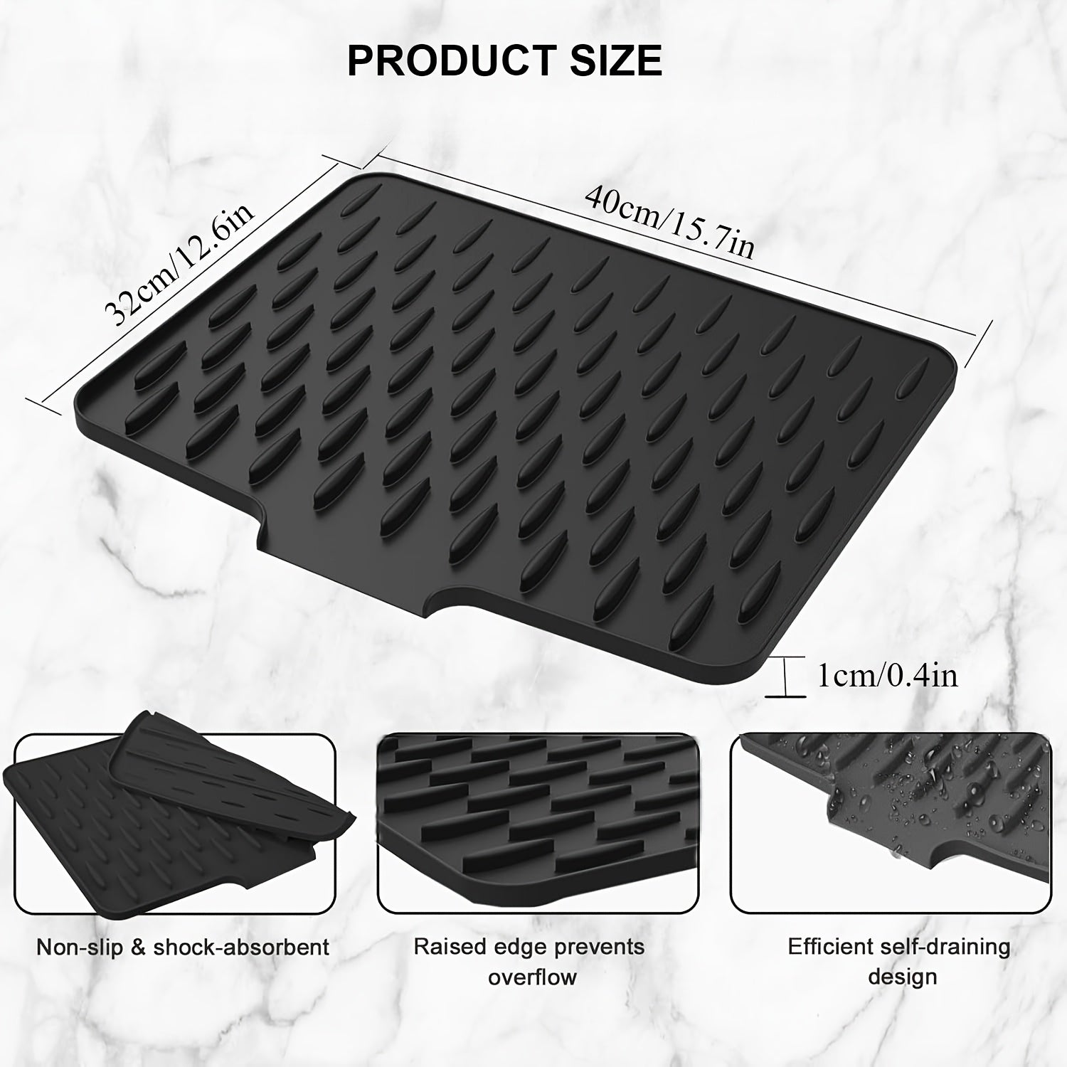 Non-Slip Silicone Kitchen Drying Mat, 15.75 x 12.6 Inch Built-in Drainage Design, Heat Resistant Easy Clean, Suitable for Countertop Sink Refrigerator, 2 Styles Available