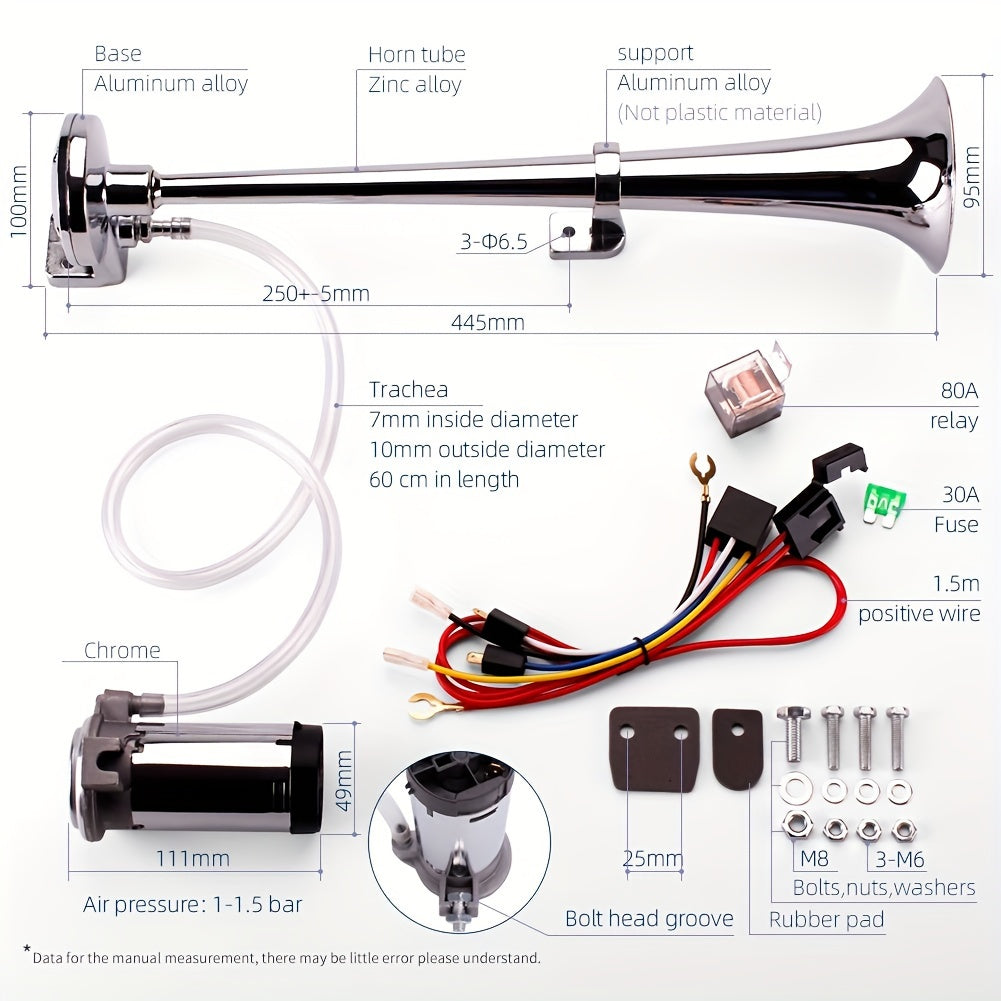 ALLREY 12V Air Horn Kit, Super Loud 18 Inch Single Horn Truck Horn, Train Horn with Compressor, Fits Any 12V Vehicle, Silver Black Button