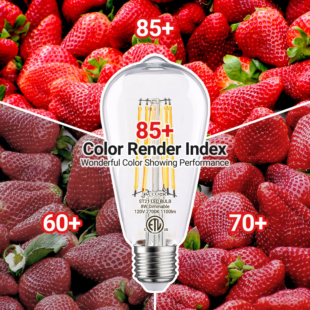 ALLU LED Edison bulb 8W, 1100 lumens dimmable LED bulb, 5000K cool white & 2700K warm white, 4000K daylight white, ST21/ST64 LED filament bulb, CRI 85+, E26 medium screw base, flicker-free, 6-pack, ETL certified