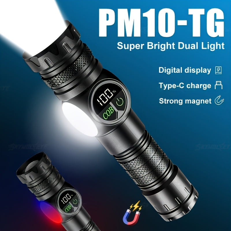 Super Bright USB Rechargeable LED Flashlight, Magnetic Base, 5 Lighting Modes, Digital Display, Type-C Fast Charging, Perfect for Outdoor Activities, Emergencies and Camping