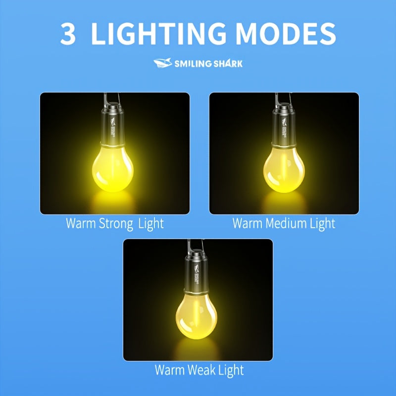A smiley face shark portable bulb, ultra-bright camping light, suitable for outdoor and indoor use, rechargeable bulb, ideal for hanging outside during camping, hiking, backpacking or power outages