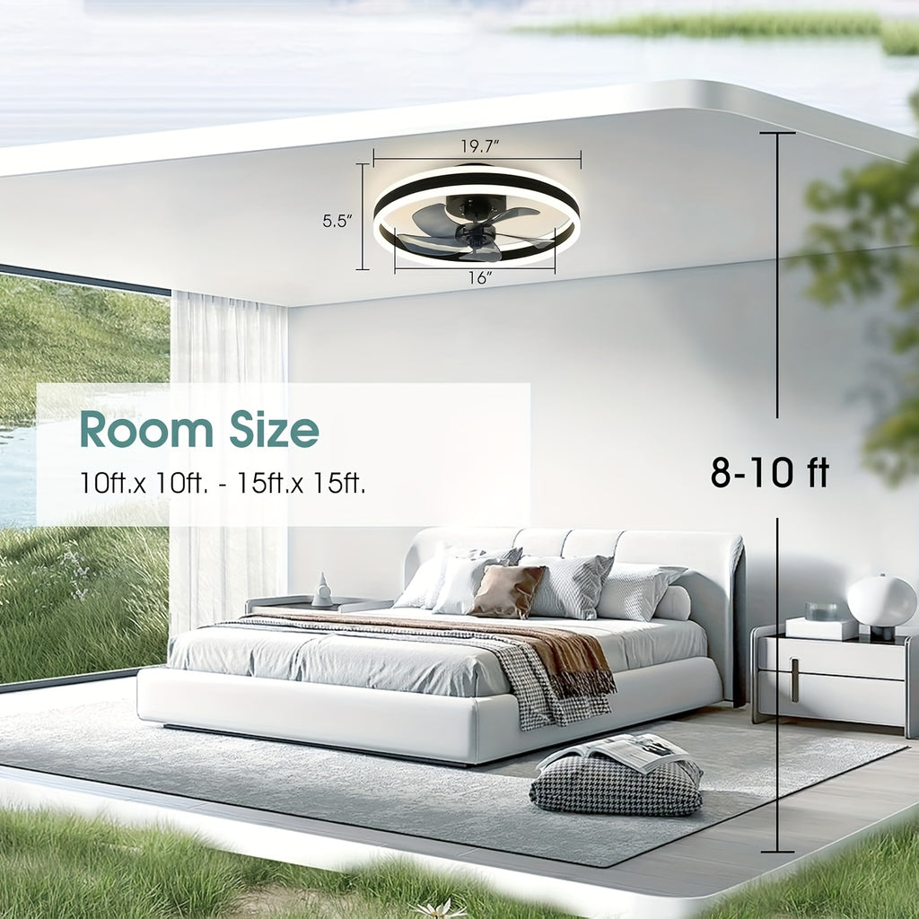 Remote Control Ceiling Fan with Light, 19.7 Inch Slim Flush Mount Fan, 3000-6000K Dimmable Modern Recessed LED Light, 6 Speed Levels, Black Ceiling Fan Lamp, Ideal for Bedroom Kids Room Living Room (Black)
