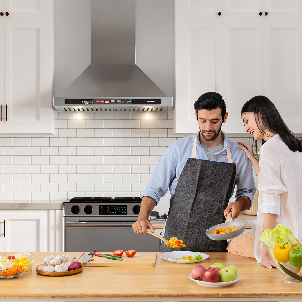 BRANO 30-Inch Wall-Mounted Range Hood, 900 CFM with Voice/Gesture/Touch Control, Stainless Steel Kitchen Exhaust Hood with 4-Speed Fan, Adjustable LED Light, Memory Mode