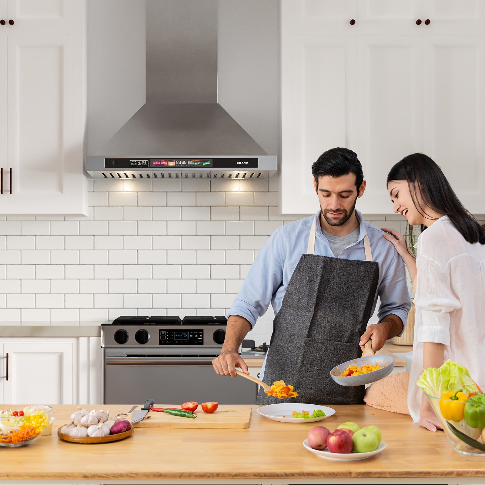 BRANO 30-Inch Wall-Mounted Range Hood, 900 CFM with Voice/Gesture/Touch Control, Stainless Steel Kitchen Exhaust Hood with 4-Speed Fan, Adjustable LED Light, Memory Mode