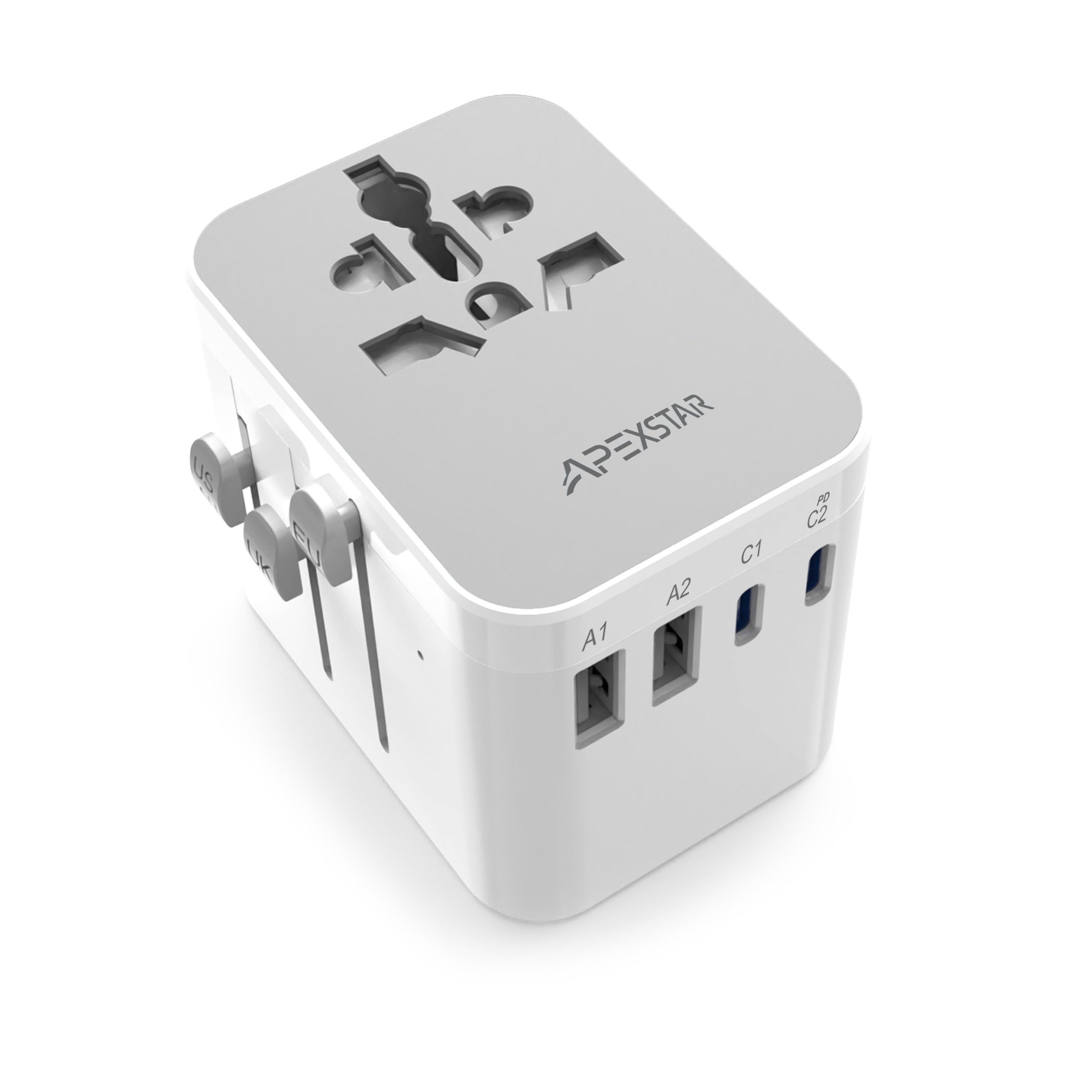 Apexstar Global Travel Adapter: A Must-Have for Travel Charging with PD & QC 3.0 Dual USB-C And 2 USB Travel Ports/ Multi-Country Compatible with Overload, Short-Circuit & Over-Temperature Protection/ Multiple Safety Features for Worry-Free Charging