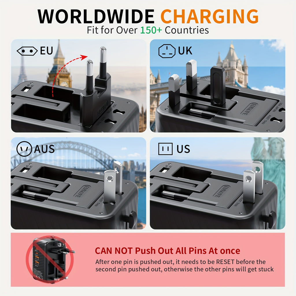 5-In-1 Universal Travel Adapter Featuring 2 USB-C And 2 USB-A Ports, Supporting PD And QC 3.0 Fast Charging. This International Power Plug Converter Is Suitable for Use in The US, EU, UK, AU, And Asia