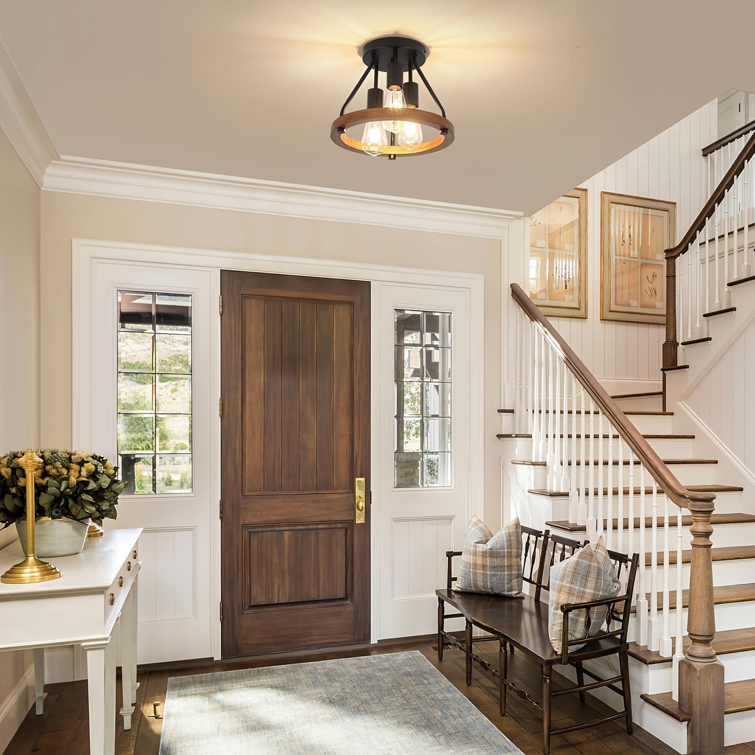 3-Light Chandelier Farmhouse Rustic Style | Semi-Flush Mount, Metal Finish, E26 Socket, Warm Glow Atmosphere Lighting, Suitable for Hallway, Bedroom and Kitchen Decor, Bulb Not Included, Modern Farmhouse Light Fixture