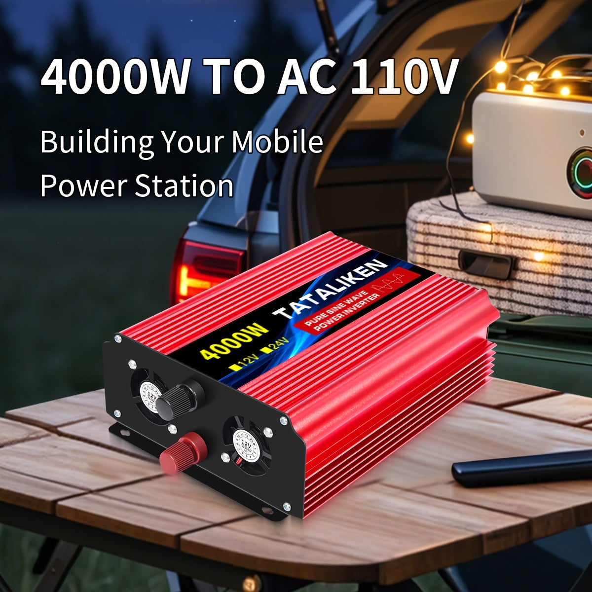 便携式4000W/5000W（峰值）纯正弦波电源逆变器带LED显示屏 12V直流转110V交流60Hz 适用于汽车、房车、卡车、露营 美国插头