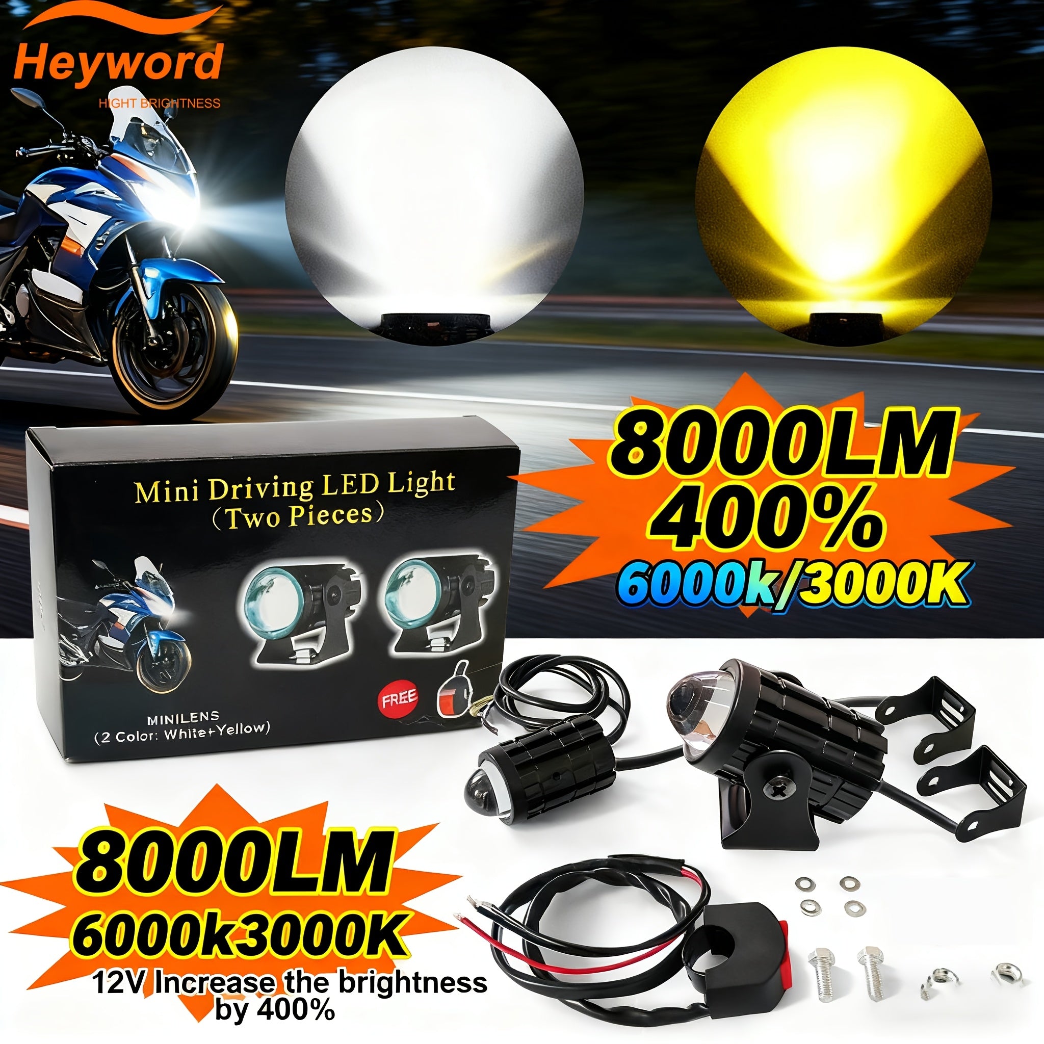 Heyword High Performance LED Bulbs 2-Pack for Trucks, SUVs and UTVs - High/Low Beam Dual Mode, Mini Lens, Easy Installation (8/80V)