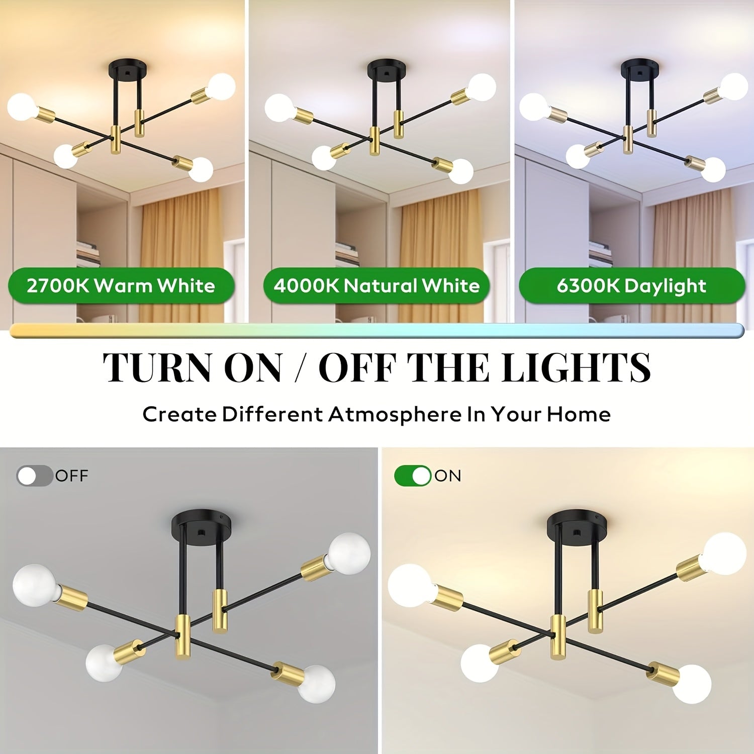 Modern 4-light fixture, metal semi-flush mount installation, suitable for dining room, bedroom and living room (bulb not included)