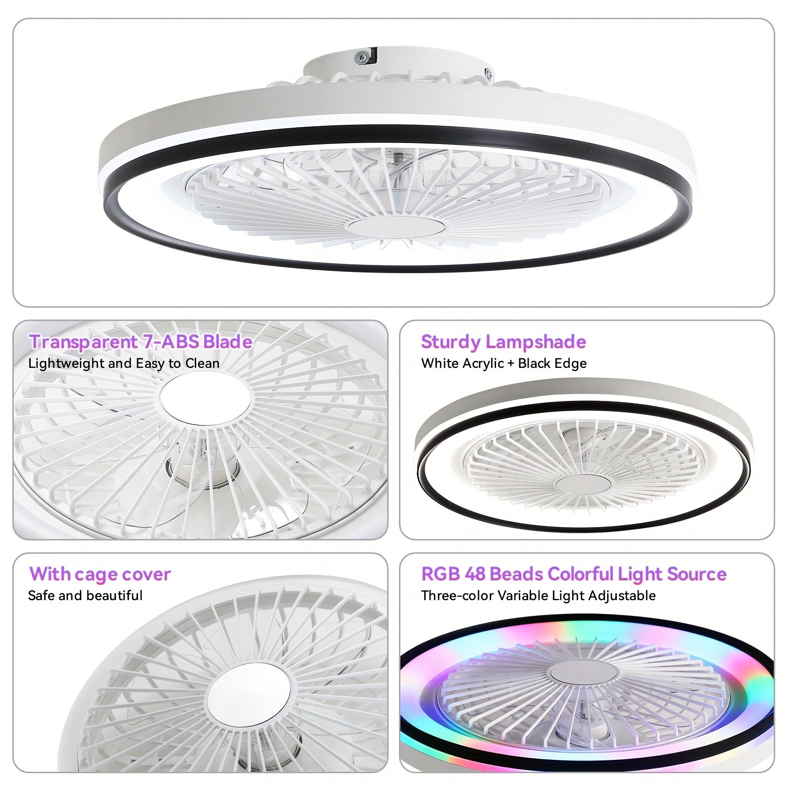 Sofucor 19 Inch Modern Ceiling Fan | RGB Color Changing Light, Dimmable Remote, Reversible DC Motor, 7 Blades & 3 Timers, for Living Room, Dining Room, Study & Bedroom