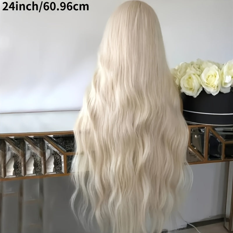 24英寸铂金金色波浪蕾丝前假发女士款 | 耐高温纤维，柔软外观，蓬松波浪合成假发