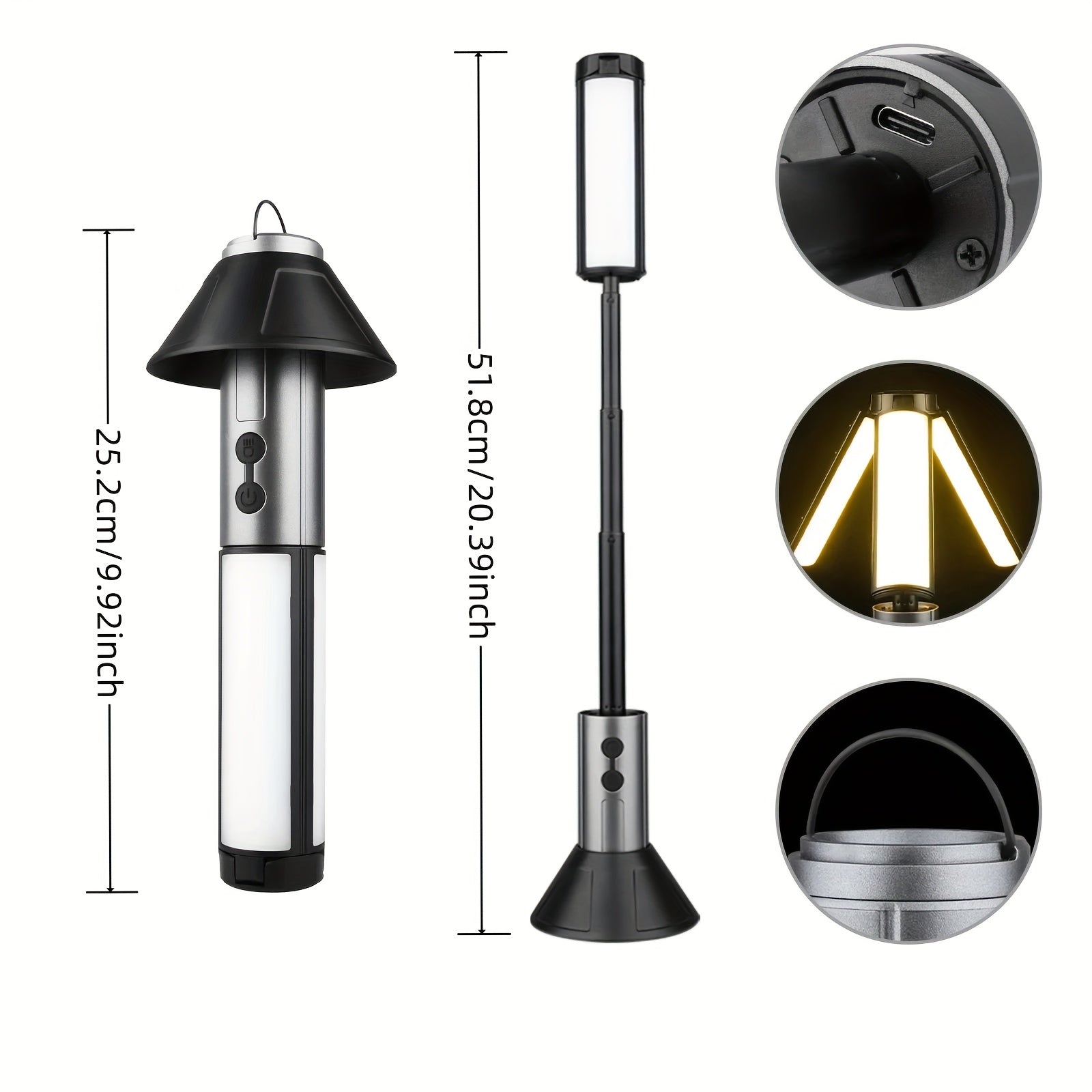 2-in-1 LED Camping Light & High Bright Flashlight, 4-Section Telescopic Rod, 270° Adjustable Beam, Hook Design, Detachable Shade Cover, Dual Switch Modes, USB Rechargeable Camping Lamp with Bracket Base, Ideal for Outdoor Adventure