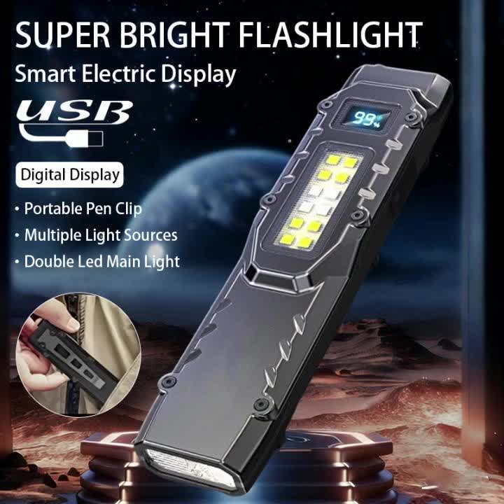 Clip-On Rechargeable Flashlight, Smart Digital Display Battery Level, Side Light & UV Mode, Long Press Strobe, Multi-Mode Dimmable, Compact Portable, Ideal for Home Workshop Daily Use