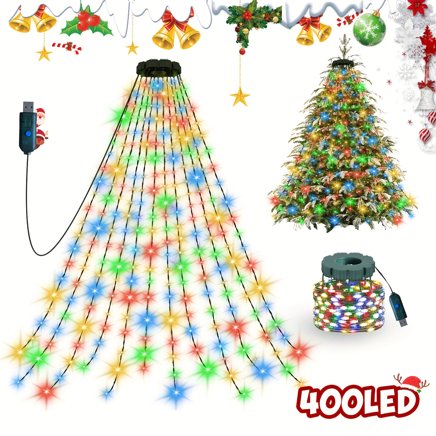 400/220 LED 圣诞室内灯串 | 20/11 码 78.74 英寸瀑布树灯，USB 插电，高亮度珠子灯，8 种模式，适用于花园、露台、家庭、圣诞树装饰、节日装饰、活动策划