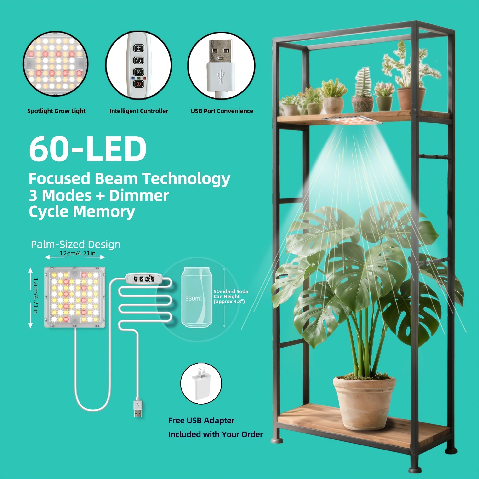 LED Indoor Plant Grow Light, Full Spectrum Under-Shelf Plant Supplement Light, High PPFD Spotlight Panel, 3/9/12H Timer & 10 Dimmable Levels, Adhesive Grow Lamp for Succulents, Plant Stands, Cabinet Greenhouses, Grow Tents & Hotels