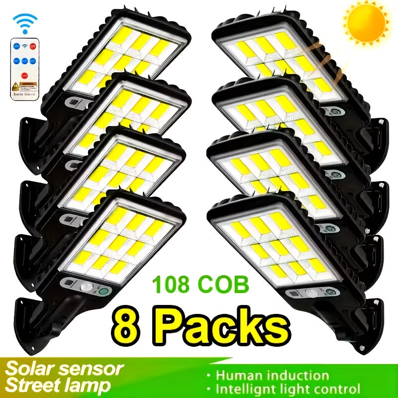 8/6/4 Pack Solar Street Light with PIR Motion Sensor, IP65 Protection Rating, 108 COB LED Security Wall Light with Remote Control, 3 Modes, Solar Searchlight Perfect for Garden, Courtyard, Porch, Garage Lighting