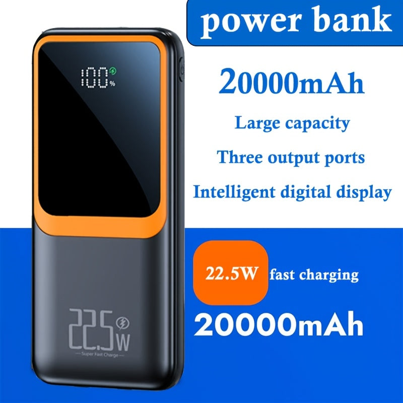 20000mAh Portable Power Bank, 22.5W Fast Charging Mobile Phone Battery Pack, LED Power Display/USB/Type-C/Micro Interface, Suitable for Apple/Android Mobile Phones And Electronic Devices, Gift, Outdoor Emergency Backup Battery Pack Black Easter