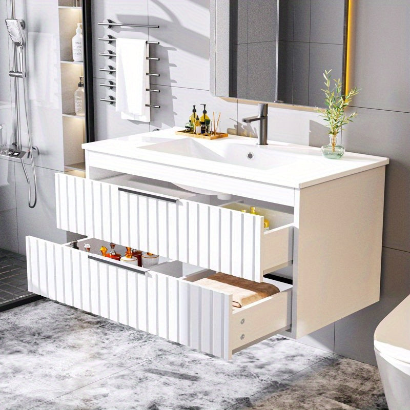 Bathroom Vanity with Sink - Wall Mount Floating Basin Cabinet, Soft-Close 2 Large Drawers, Modern Textured Stripe Design, Hidden Damping Drawers