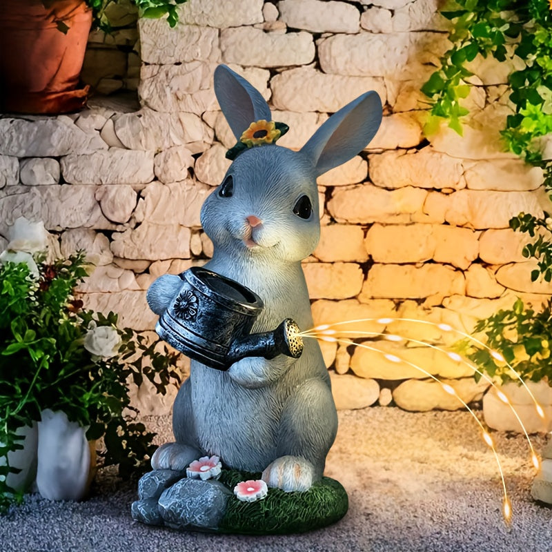 Easter Decoration, Solar Gray Rabbit Holding Watering Can Statue, Animal Theme Sculpture Resin Ornament, Courtyard, Lawn, Garden, Patio Decoration, Rabbit Statue, Christmas, Thanksgiving, Valentine‘s Day Gift