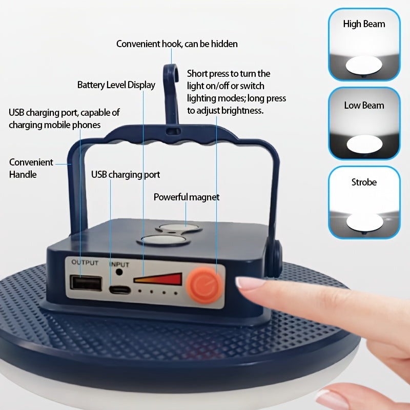 A rechargeable searchlight, camping portable floodlight, high-brightness crystal lampshade, removable power bank, three lighting modes, battery level indicator, with hook and magnetic suction