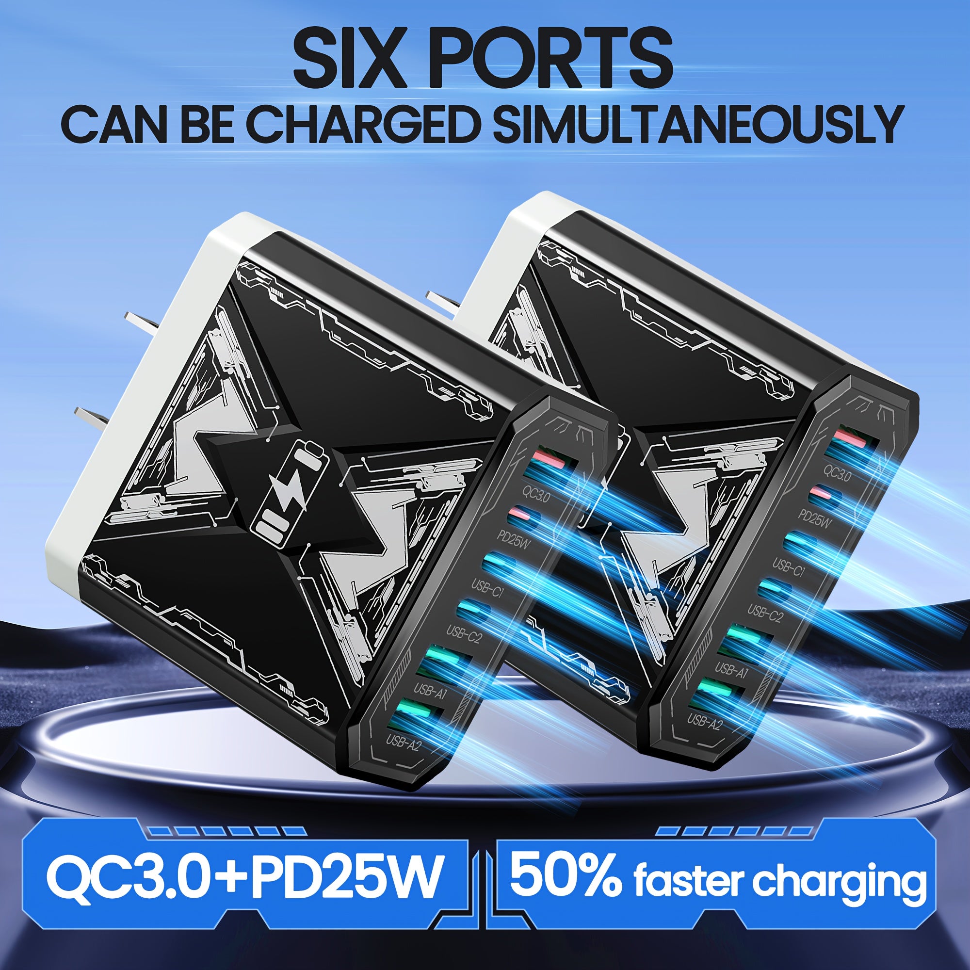 6-in-1 Fast Charger 3USB + 3Type-C Power Adapter with Indicator Light, QC3.0 Power Adapter Cube USB Wall Charger, for iPhone 17/ 16/ 15/ 13/ 13pro/ 12/ 12pro/ XR/ SE, Pro/ Mini/ Air---Perfect Christmas, Holiday, New Year Gift,  Travel Charger
