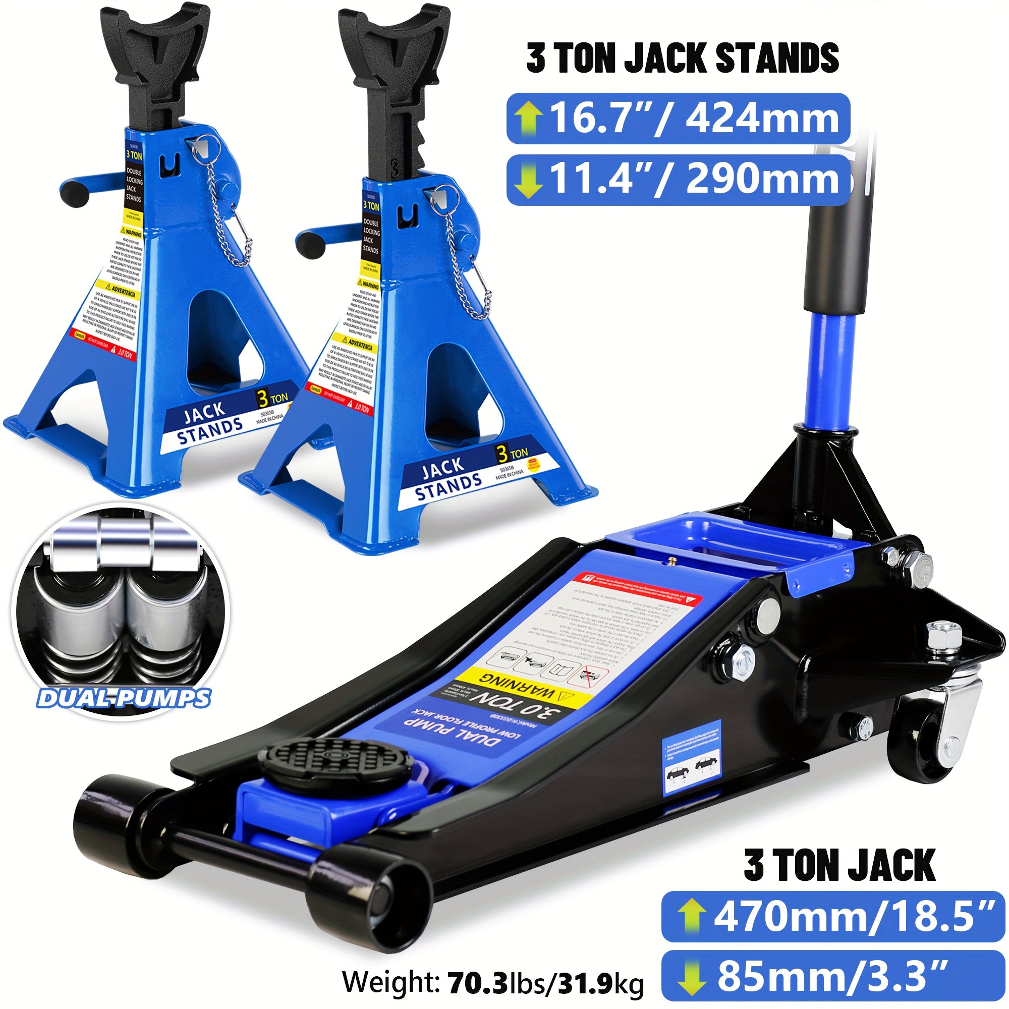 2/2.5/3 Ton Capacity Low-Profile Garage Hydraulic Jack Combo Kit, Optional: 2 Ratchet-Type 3-Ton Jack Stands, Tire Repair Tool Kit, 14-Inch Lug Wrench, Wheel Chocks for SUV/Sedan/Truck