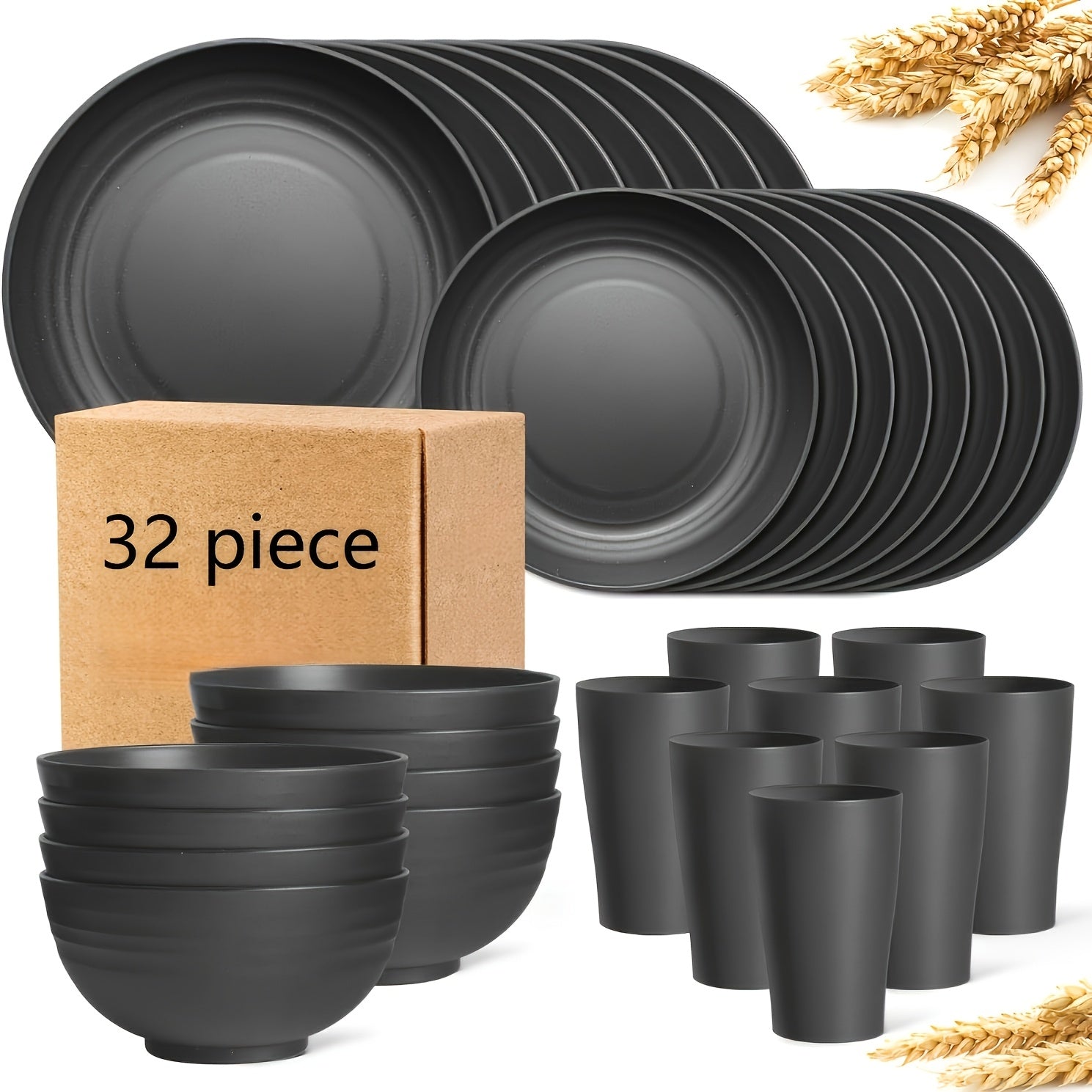 16/32Pcs Wheat Straw Plastic Tableware Set 4/8 Person Unbreakable Dinner Plate Dessert Plate Cereal Bowl Cup Outdoor Camping Family Birthday Party Tableware