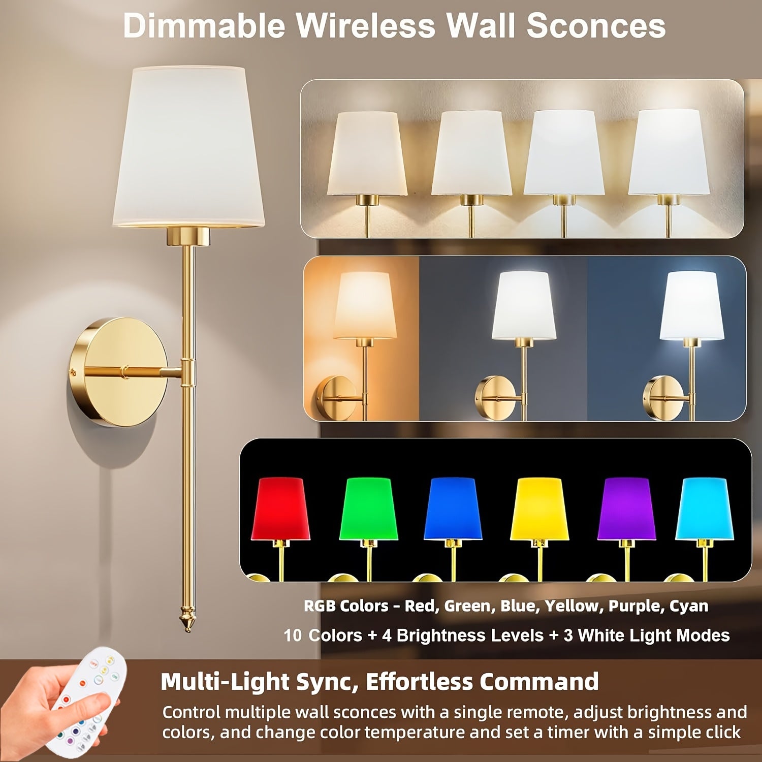 Wall Light Battery Operated 2-Piece Set Rechargeable Wall Light 10-Color Wireless Wall Light 2 Sets, Dimmable Bulb and Remote Control, Suitable for Bedroom, Living Room, Hallway Decoration