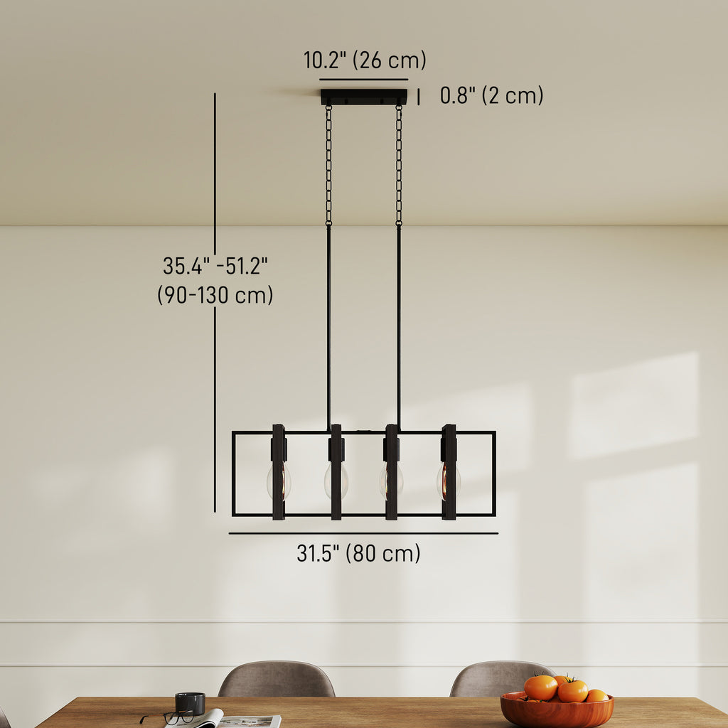 HOMCOM 31.5-inch pendant light, farmhouse style kitchen island lighting fixture, equipped with 4 rotatable lamp arms and adjustable height, suitable for living room, dining room, hallway, E26 base, black