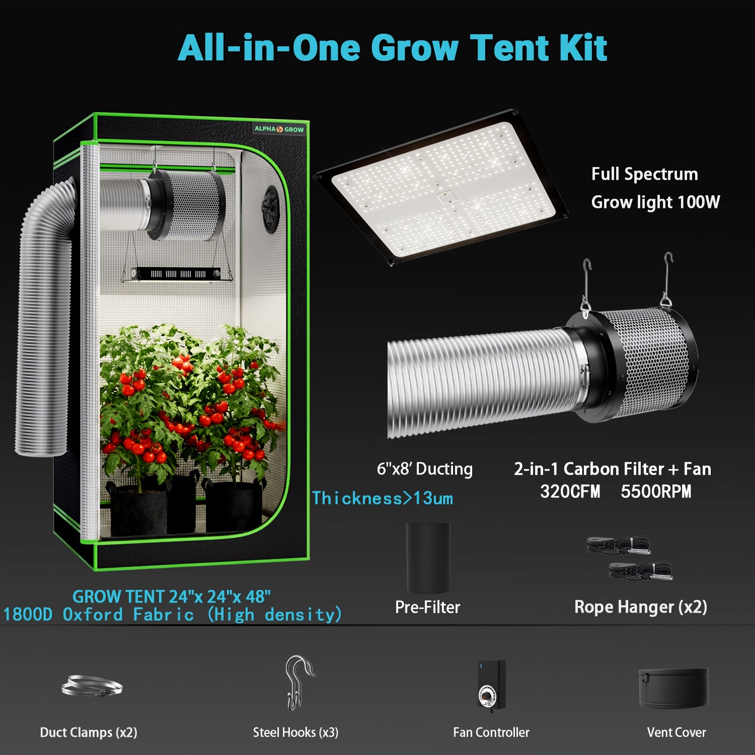 Professional 1800D 4x2 Grow Tent Kit 48"x24"x60", Complete Hydroponic System for Indoor Plants, 100W Full Spectrum LED Grow Light, 320CFM 6 Inch 2-in-1 Fan & Carbon Filter Combo 2398196504, High Reflective Mylar Lining