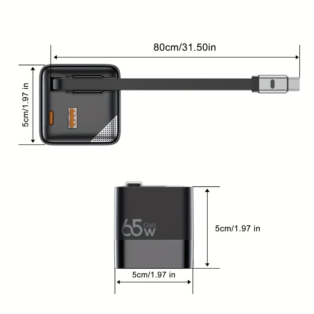 65W Portable Fast Charger with a Retractable Cable And Foldable Plug, Designed for Travel. Compatible with for iphone 17/16/Pro/Pro Max/15/14 And Galaxy/Ultra Series. The Charging Cable Retracts for Easy Storage And Portability