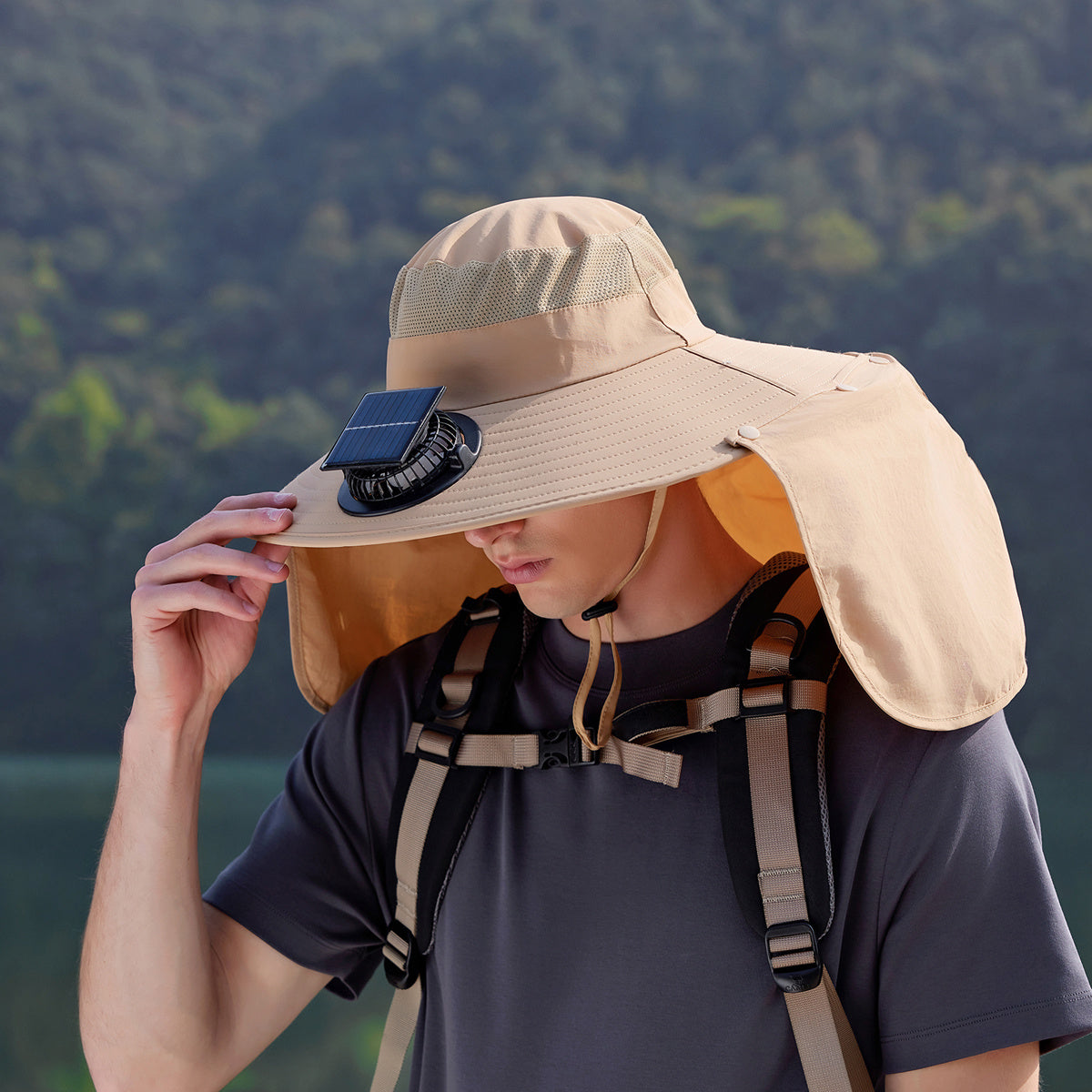 Men's Solar Cooling Hat - Wide Brim UPF Sun Protection Hat, Lightweight Beige/Orange Outdoor Travel Camping Hat with Lanyard, Hands-Free, Hiking Gear, Fashion Headwear, Comfortable Fit