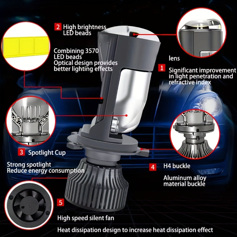 2pcs H4 LED Mini Projector Lens Headlight Bulbs H4 9003 HB2-QC0106 LED DRL, High/Low Beam Plug-and-Play Car & Motorcycle Headlights, Night Driving, Compact Design, Energy Saving Lamp, Night Commuters, Vehicle Owners