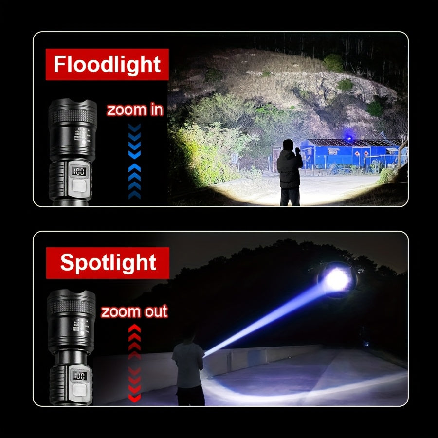 2000LM Ultra-Bright Portable Flashlight, High-Power Rechargeable LED Flashlight with Built-in Battery, Super Strong Handheld Flashlight, Long-Distance Zoomable Focus, Safety Lighting