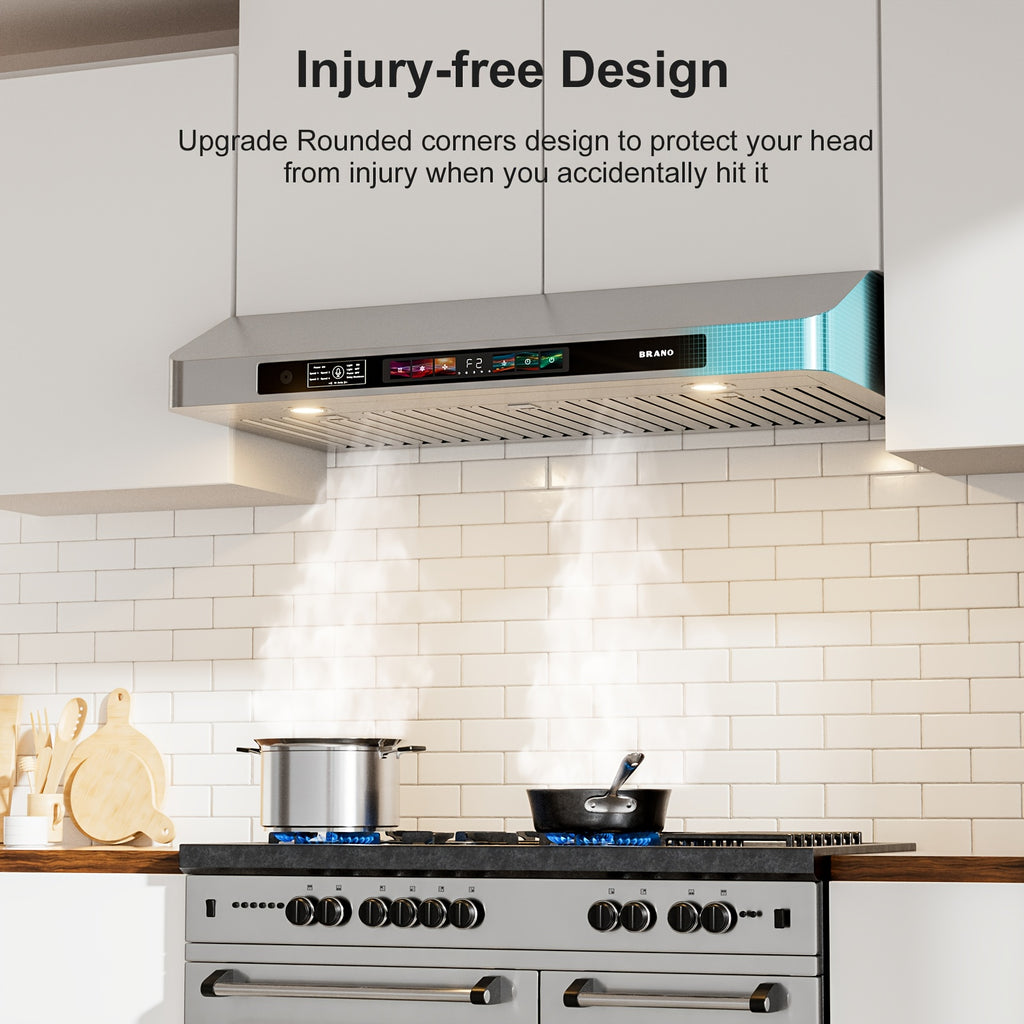 BRANO 30-Inch Built-In Range Hood with Voice/Gesture/Touch Control, 900 CFM High-Performance Exhaust Fan, Stainless Steel Kitchen Ventilation Grille with LED Light, 4-Speed Silent Operation
