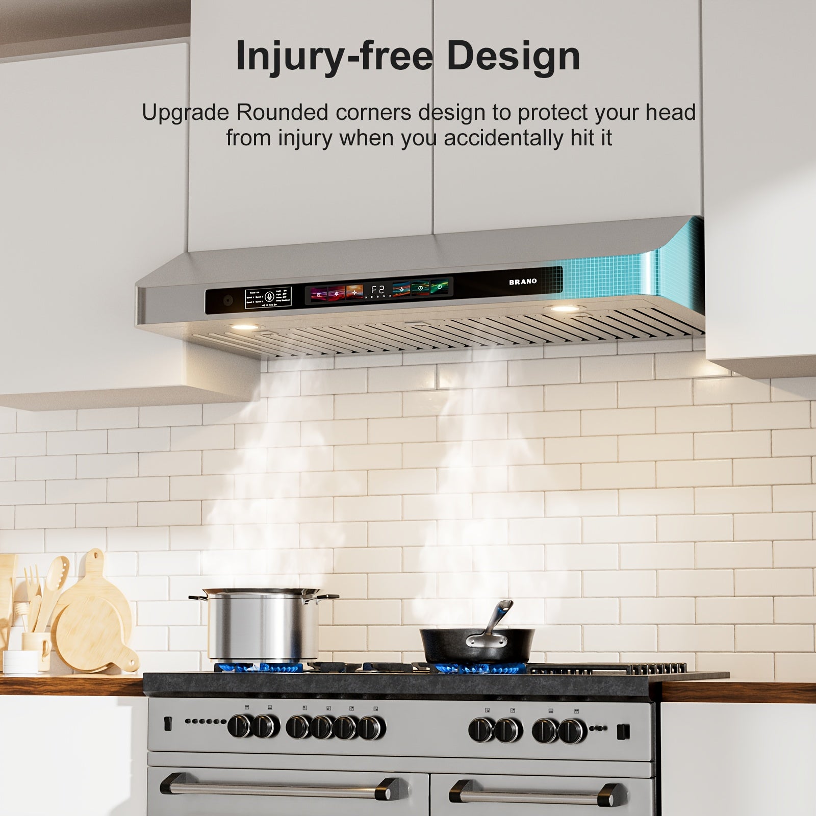 BRANO 30-Inch Built-In Range Hood with Voice/Gesture/Touch Control, 900 CFM High-Performance Exhaust Fan, Stainless Steel Kitchen Ventilation Grille with LED Light, 4-Speed Silent Operation
