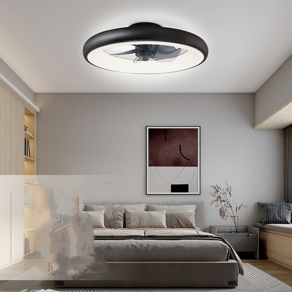 Low Profile Remote Control Ceiling Fan with Light, 20 Inch Flush Mount, 3000K-6500K Smart Bladeless LED Fan Light, Black Modern Ceiling Fan for Bedroom
