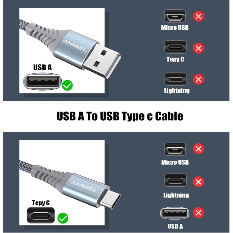 USB-C数据线，3条装[10英尺/3.3米/6.6英尺] 3A充电线，Type-C充电器数据线，尼龙编织USB-A转USB-C线，适用于三星Galaxy S10/S9/Note10/9/8、LG V20/G6